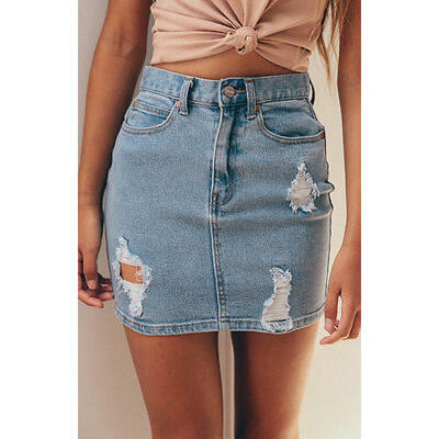 

Women Denim High Waisted Bodycon Pencil Ripped Frayed Midi Skirt Jeans Skirt