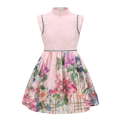 

3-12 Years Old Baby Girls Vintage Chinoiserie Flowers Print Summer Tea-Dresses