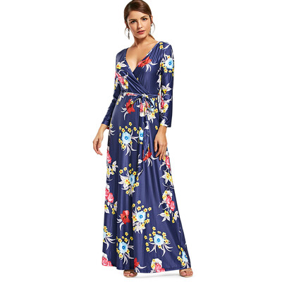 

V Neck Flower Print Surplice Maxi Dress