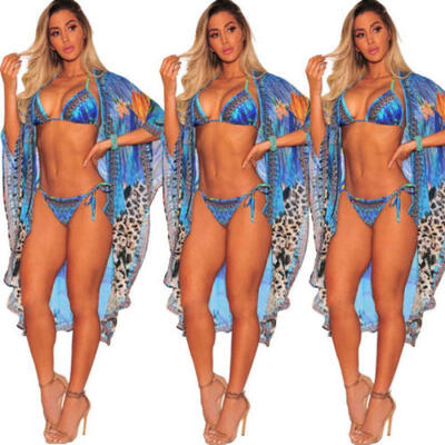 

3Pc Fashion Women Floral Bikini Set Swimwear Cover Up Long Beach Dress Beachwear