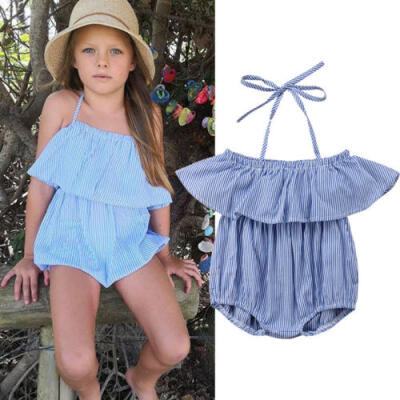 

Summer Toddler Kid Baby Girl Stripe Off Shoulder Romper Jumpsuit Playsuit 1-7Yrs