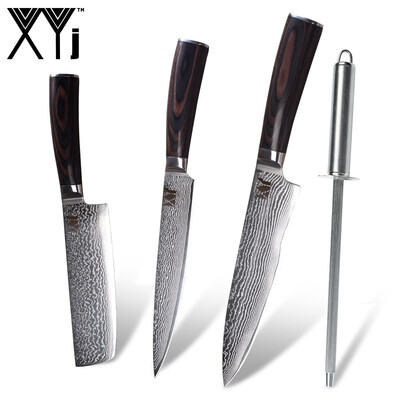 

XYj Damascus Steel Kitchen Knives VG10 Damascus Steel Blade Color Wood Handle Kithen Knife with Knife Sharpener