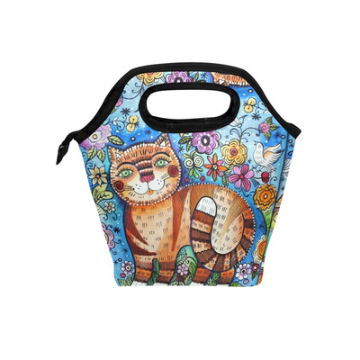 

Lunch Tote Bag Coloful Cat Travel Picnic Insulated Lunch Handbags Portable Zipper Lunch Bag Box