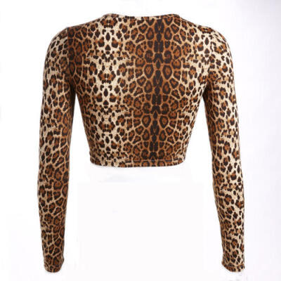 

Women O Neck Slim Crop Top Leopard Print Blouse Top Short T-shirt Clubwear Party