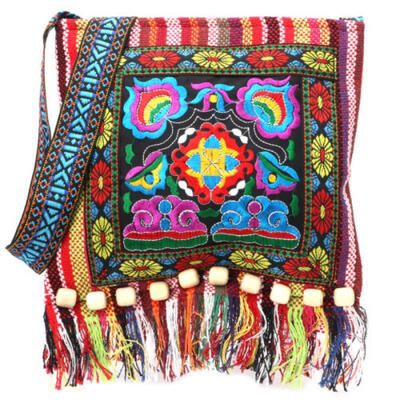 

Hmong Vintage Ethnic Shoulder Bag Embroidery Boho Hippie Tassel Stylish Tote Bag