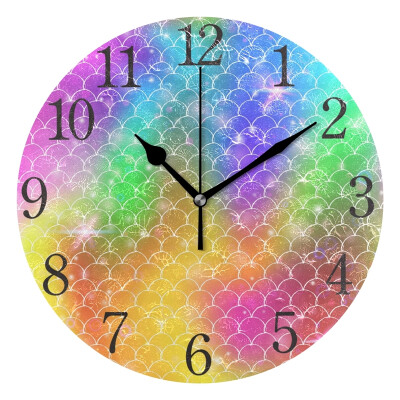 

Wall Clock Arabic Numerals Design Mermaid With Kawaii Rainbow Round