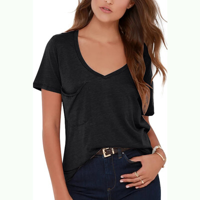 

V Neck Short Sleeve Sky Blue Summer shirts Pockets Casual Tees Tops Elegant Beach Cotton Womens Basic Pink Blouses