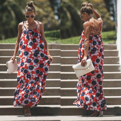 

Womens Boho Floral Maxi Long Skirt Dress Summer Beach Evening Party Sundress UK