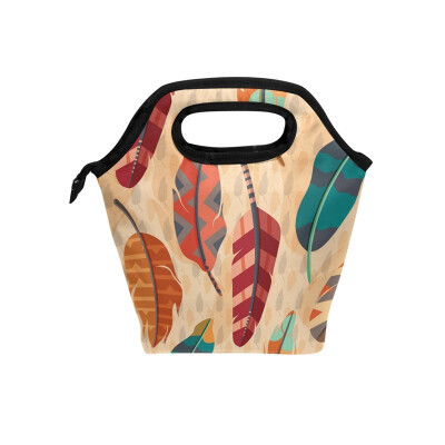 

Lunch Tote Bag Colorful Feather Travel Picnic Insulated Lunch Handbags Portable Zipper Lunch Bag Box