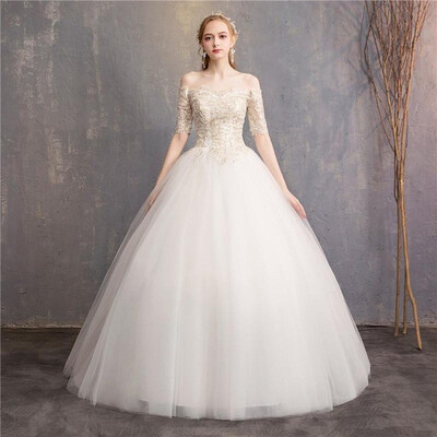 

Princess Colorful Wedding Dress Champagne Lace Half Sleeve Wedding Ball Gown Off The Shoulder Cheap
