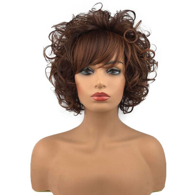 

StrongBeauty Short Curly Wig Synthetic Wig for Women Paula Young Style Brown Medium Big Curly Bangs 8 Inch