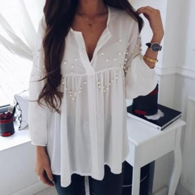 

Plus Size Womens Casual Long Sleeve Top Chiffon T-Shirt Lace UP V Neck Blouse