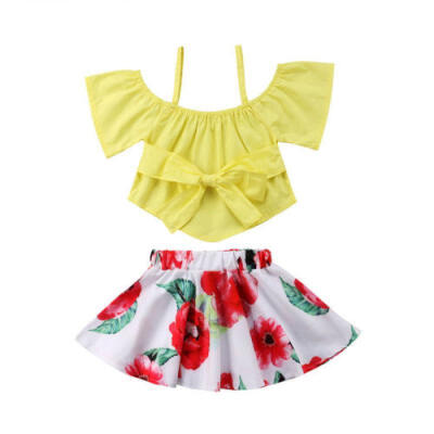 

Baby Girl Kid Off Shoulder Bowknot T-shirt TopsTutu Skirts Floral Clothes Set