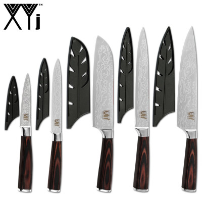 

XYj 5pcs Knives Set Stainless Steel 7CR17 Blade Damascus Pattern Blade Slicing Santoku Chef Utility Paring Knives