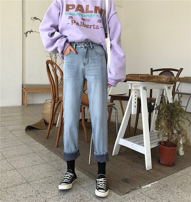 

Womens Korean version of loose light-colored harajuku straight pants winter high-waisted nine-point pants