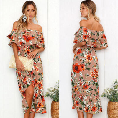 

UK Fashion Women Holiday Off Shoulder Maxi Split Ladies Summer Party Dress 6-14