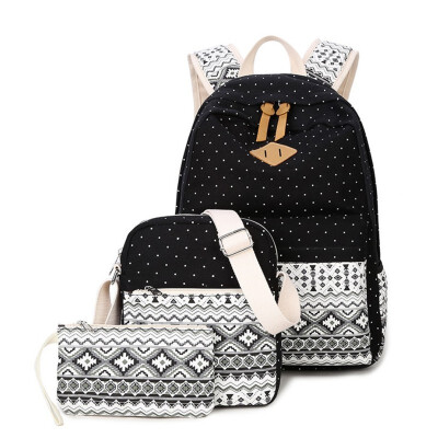 

New fashion women pack ethnic wind school bag canvas double shoulder bag multi-functional children mother bag three-piece set