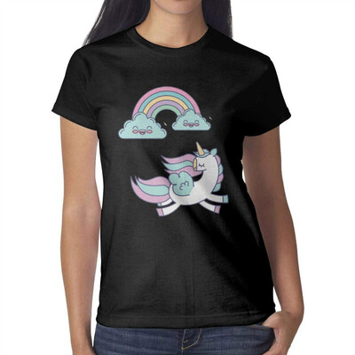 

Pink Unicorn Rainbow with Star Womens Black t Shirts Vintage Pretty Women Cotton tee Shirt