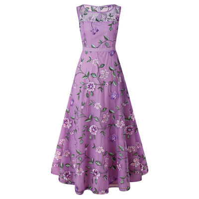 

Vintage Round Collar Sleeveless Floral Embroidery See-through Mesh A-line Women Maxi Dress