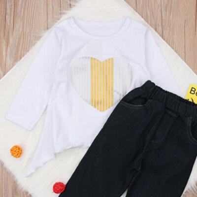 

2018 New Hot Toddler Baby Girl Long Sleeve Irregularity TopsJeans Pants 2Pcs