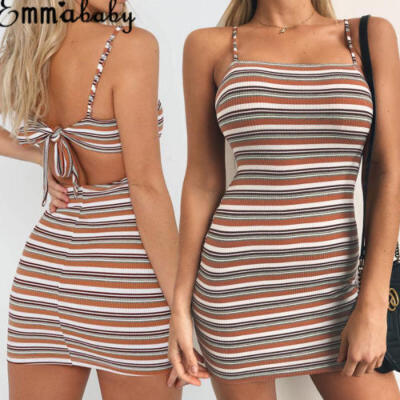 

Emmababy Womens Off Shoulder Bodycon Mini Dress Ladies Summer Stripy Dress 6-14