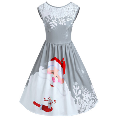 

Christmas Lace Insert Santa Claus Print Party Dress