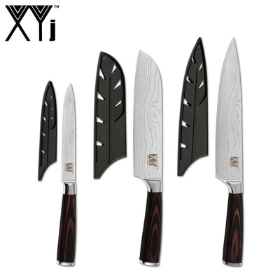 

XYj Kitchen Stainless Steel 3PCS Set Color Wood Handle Chef Santoku Utility Knife Accessory