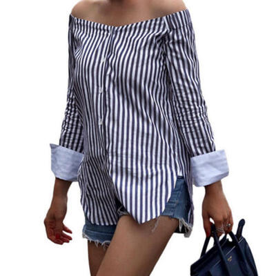 

US STOCK Ladies Vintage Off-shoulder Casual Tops Casual Party Striped Blouse