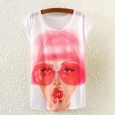 

Hot Women Summer Loose T-shirt Lashes Printed White T-Shirts Tops Tees