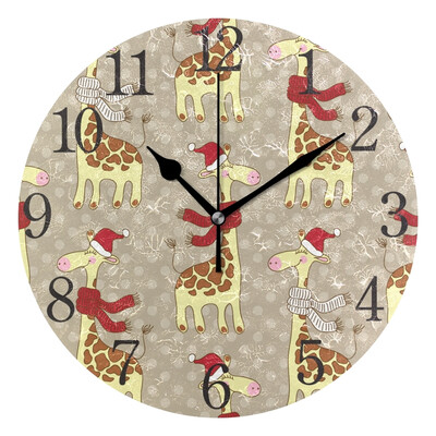 

Wall Clock Arabic Numerals Design Giraffes Wear Hat Round