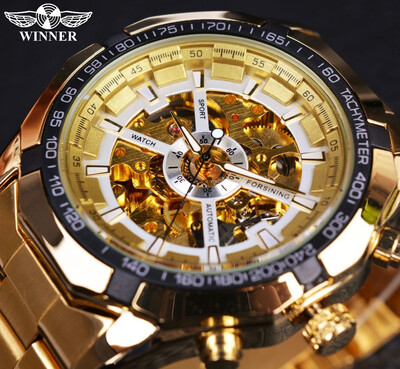 

Forsining Sport Racing Series Skeleton Stainless Steel Black Golden Dial Top Brand Luxury Watches Men Automatic Watch Clock Men