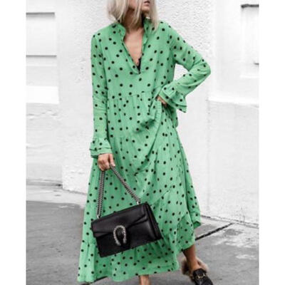 

AU Womens Hot V Neck Long Sleeve Oversized Polka Dot Clubwear Maxi Casual Dress