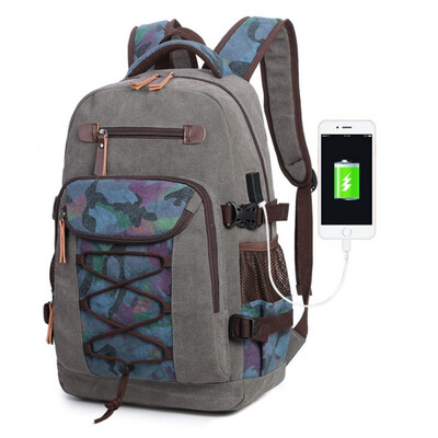 

New washed canvas bag usb-printed middle school bag retro mens shoulder computer backpack