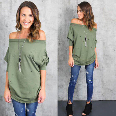 

Fashion Women Off Shoulder Casual Loose Long Sleeve Chiffon Shirt Tops Blouse