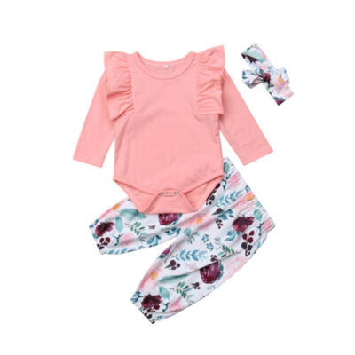 

3PCS Newborn Kids Baby Girl Sweatshirt BodysuitPants Headband Floral Outfit Set