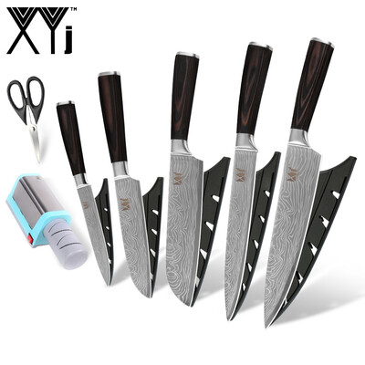 

XYj Kitchen Steel Knife Set Damascus Pattern Blade Color Wood Handle Knife with Scissor Knife Sharpener Kitchen Tools