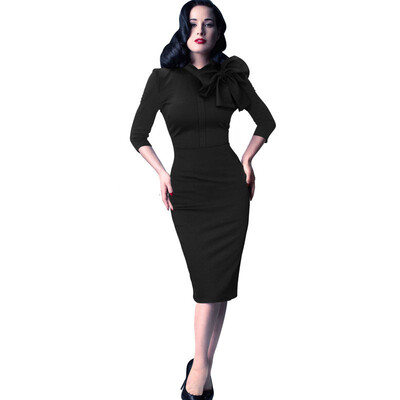 

Autumn Elegant Women Butterfly Bow O Neck 34 Sleeve Formal Work Bodycon Office Sheath Shift Pencil Dress
