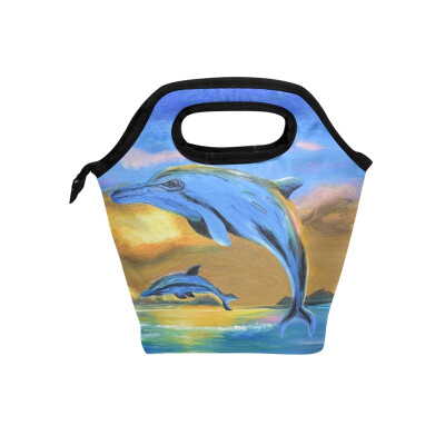 

Lunch Tote Bag Jumping Dolphins Travel Picnic Insulated Lunch Handbags Portable Zipper Lunch Bag Box
