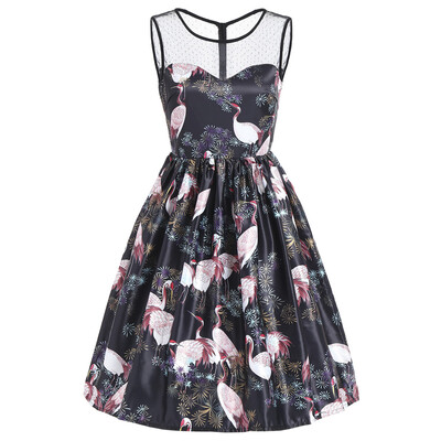 

Sleeveless Red-crowned Crane Print Vintage Dress
