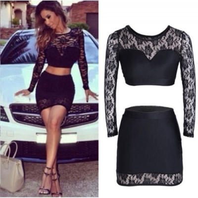 

New Womens Lace Bandage Bodycon Long Sleeve Club Evening Party Mini Dress Skirt