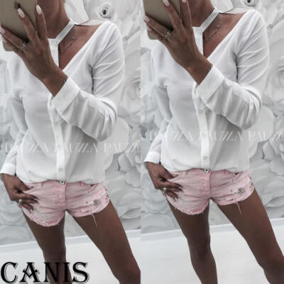 

NEW Women Long Sleeve V-neck Halter Tops T Shirt Ladies Casual Button Blouse