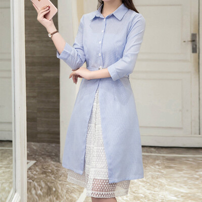 

Long Yue Women Stripe Shirt Dress Lace Temperament Dress LWQZ173101 Light Blue