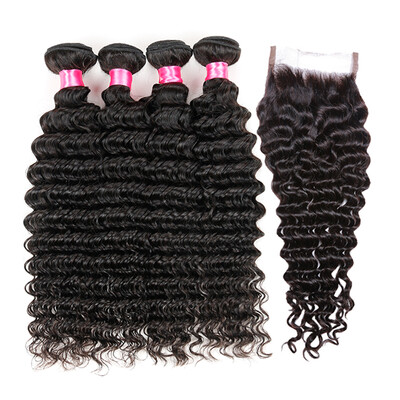 

7a Peruvian Deep Wave With Closure Puruvian Hair 4 Bundles With Closure Deep Wave Cheap Human Hair With Closure Piece