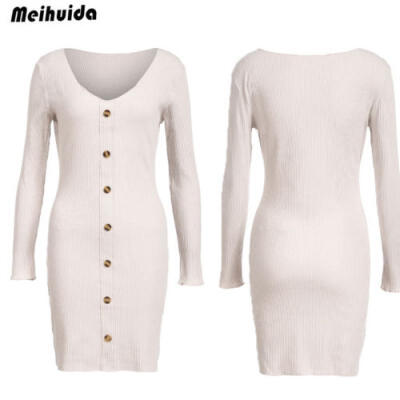 

Women Fashion Winter Knitted V neck Long Sleeve Knitted BodyCon Sweater Dress