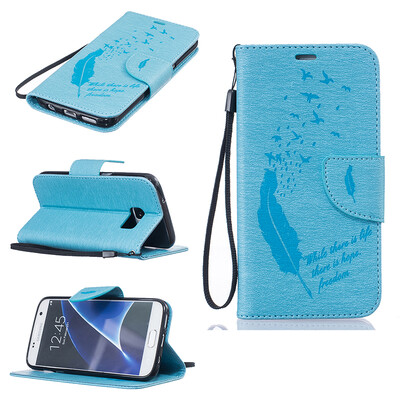 

Light blue Feathers and birds Style Embossing Classic Flip Cover with Stand Function and Credit Card Slot for SAMSUNG GALAXY S7
