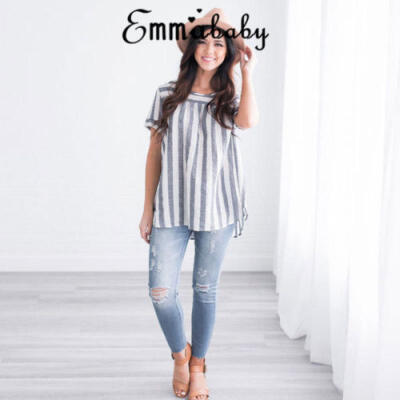 

Summer Women Loose Tops Blouse Short Sleeve Crew Neck Striped Ladies T-Shirt