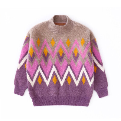 

New Girls Long Sleeve Crew-neck Fluffy Short Pullover Diamonds Waves Pattern Sweaters Dressy Deep Fall Winter Tops Clothes