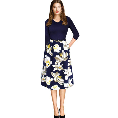 

Women Vintage Flower Print Elegant Ruffle A-Line Business Dress