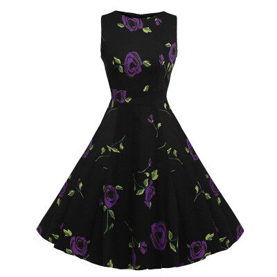 

Womens Vintage 1950s Sleeveless Floral Spring Garden Party Picnic Dress