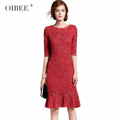 

2018 autumn new womens fashion temperament lace elegant slim slimming five-point sleeves long dress